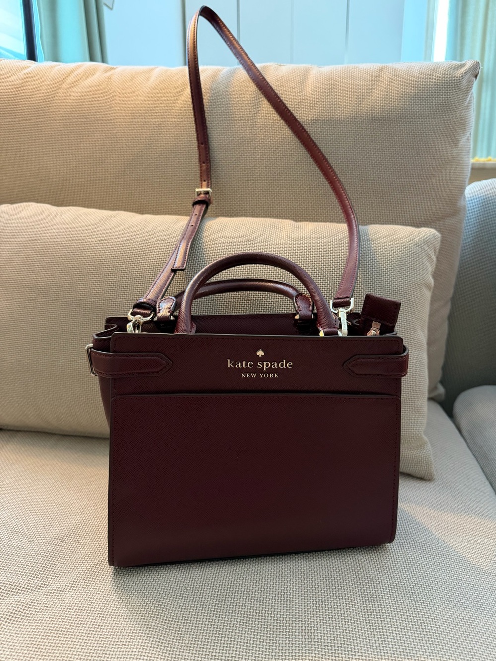 kate spade New York Deep Burgundy Leather Structured Satchel w/ Crossbody Strap